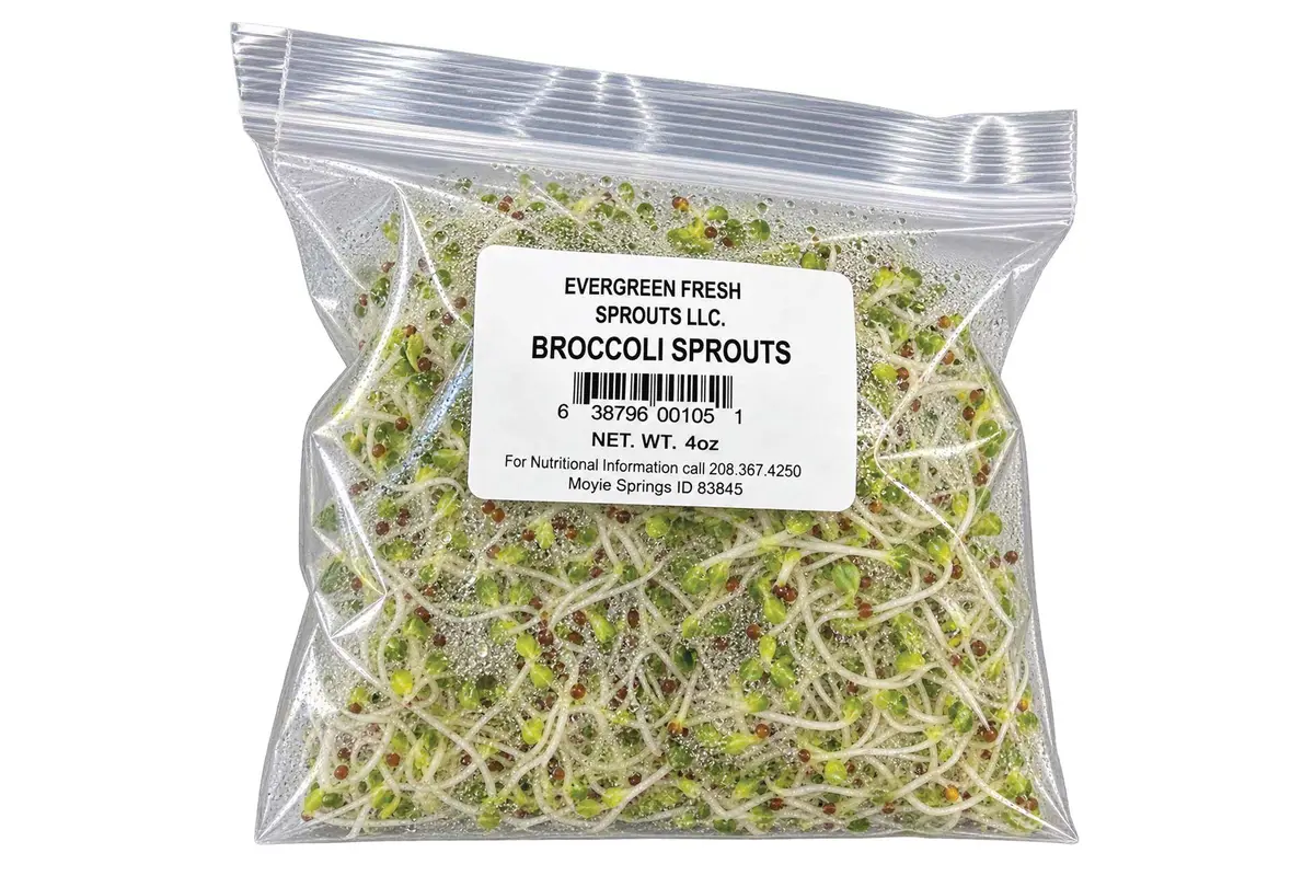 A clear bag of Evergreen Fresh Sprouts broccoli sprouts with the product label visible