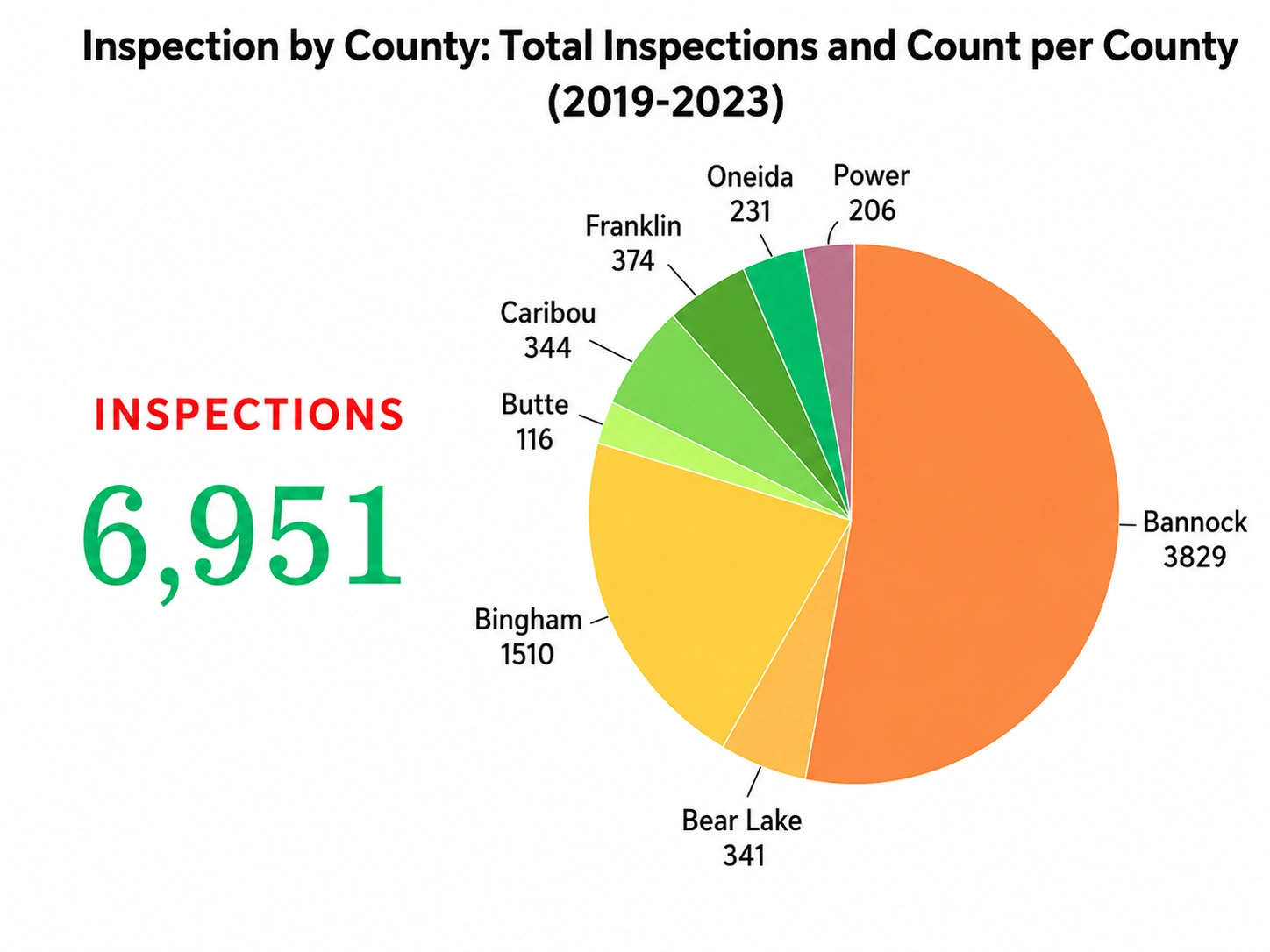 Pie chart showing food inspections by county from 2019 through 2023